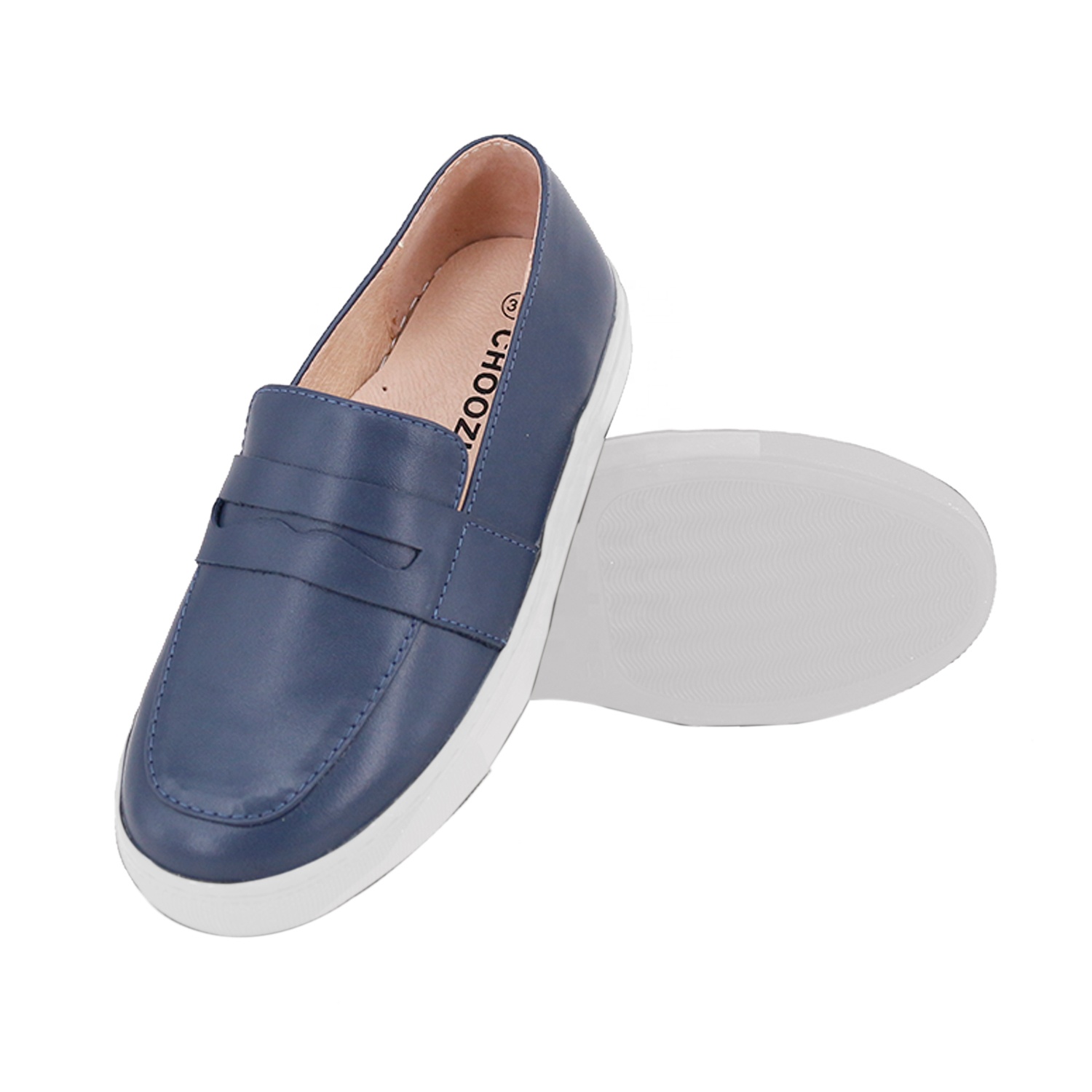Custom OEM Navy Genuine Leather Slip on Sneakers Children Boys Casual Shoes
