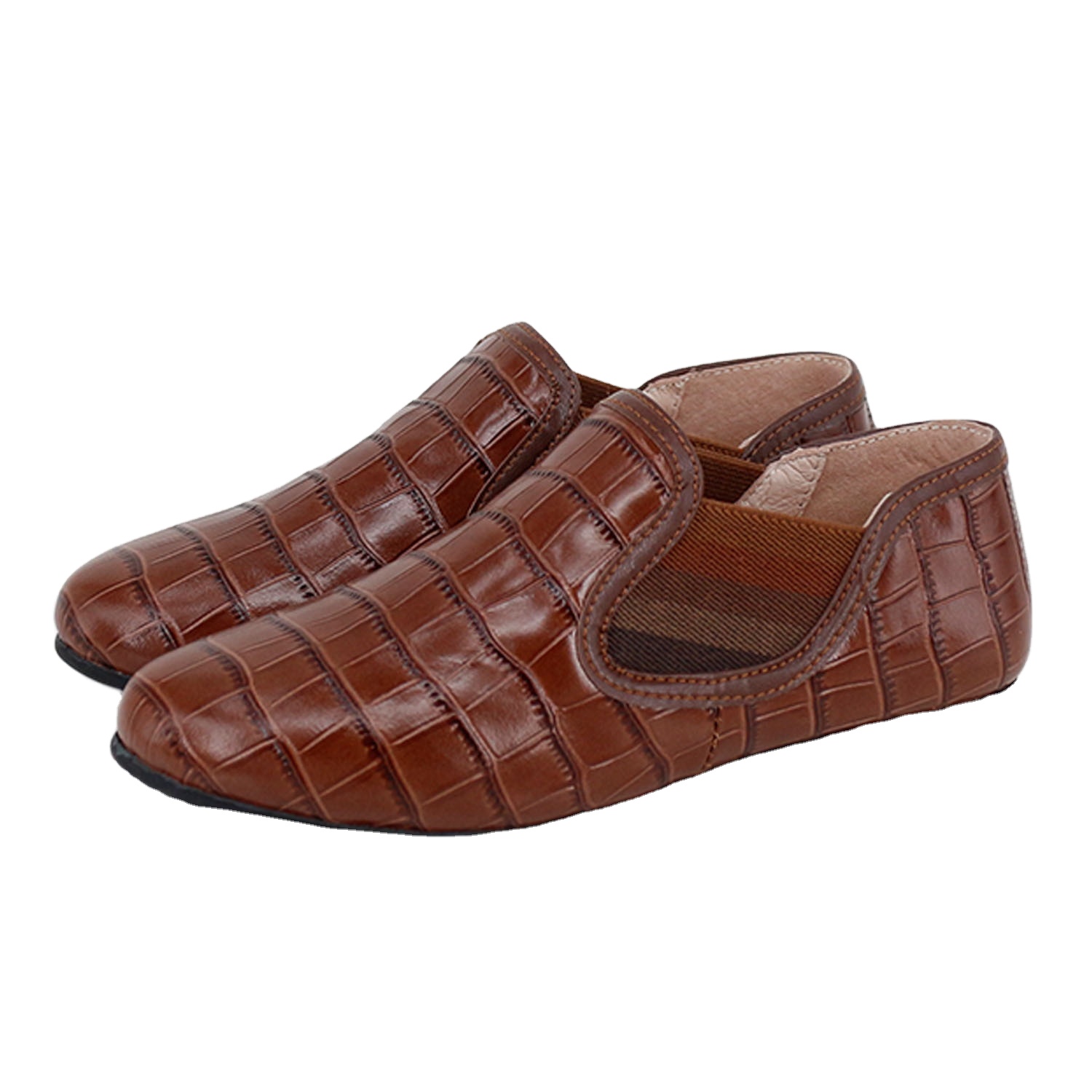 Custom OEM Brown Croco Texture Leather Slip on Sneakers for Kids Boys Loafers Shoes